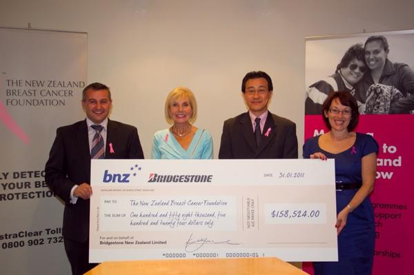 Heath Barclay (Bridgestone NZ Ltd General Manager Consumer Business and Marketing), Rosie Horton (NZBCF Patron), Ken Oyama (Bridgestone NZ Ltd Director New Zealand Business), and Evangelia Henderson (CEO NZBCF) with cheque. 